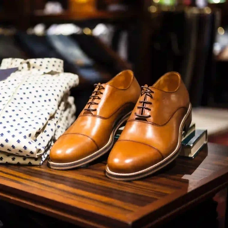 A pair of brown shoes sitting on top of a wooden table next to a stack of white shirts.