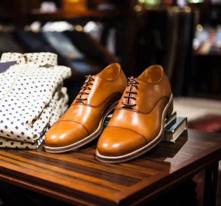 A pair of brown shoes sitting on top of a wooden table next to a stack of white shirts.